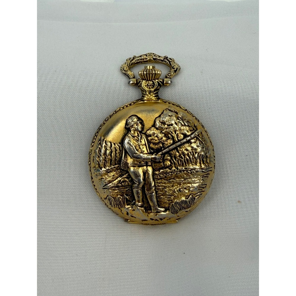Milan Hunter Pocket Watch Two Tone Gold Silver Relief Hunter Scene Quartz Date